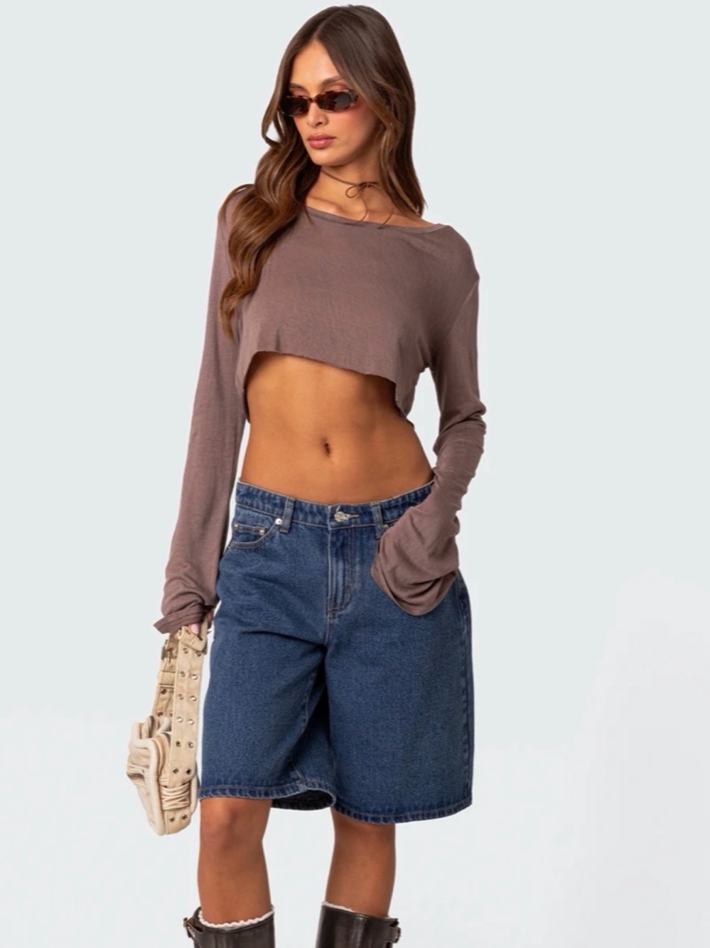EDIKTED Size Small Women's Brown Cropped Long-Sleeve Top